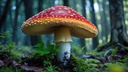 A large red mushroom with white spots growing in a forest with green plants and trees in the background.