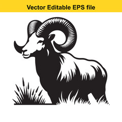 Majestic Ram in Profile: A Black and White Vector Illustration