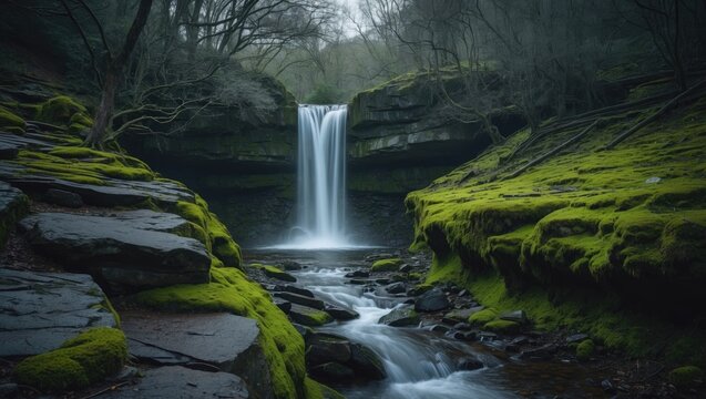 A waterfall in a lush green forest with moss-covered rocks and flowing water.