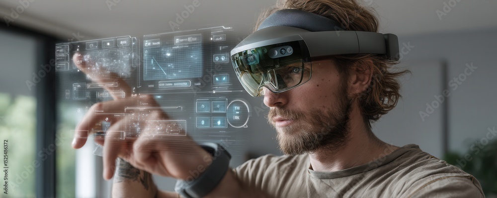 Poster man using augmented reality headset interacting with virtual interface in modern setting