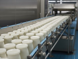 Milk production line with plastic bottles in a plant