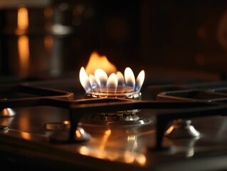 Gas burner flame ignited on modern kitchen stove.