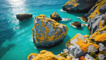 Rock formations along a coastal area with yellow lichen and turquoise water. Natural landscape and marine environment. The scene highlights geological features and coastal beauty.