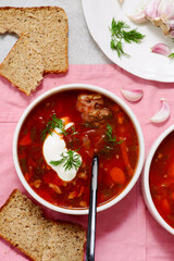 Ukrainian borscht with sour cream in bowls. top  view. .style hugge