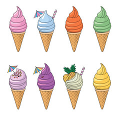 Eight colorful ice cream cones illustration