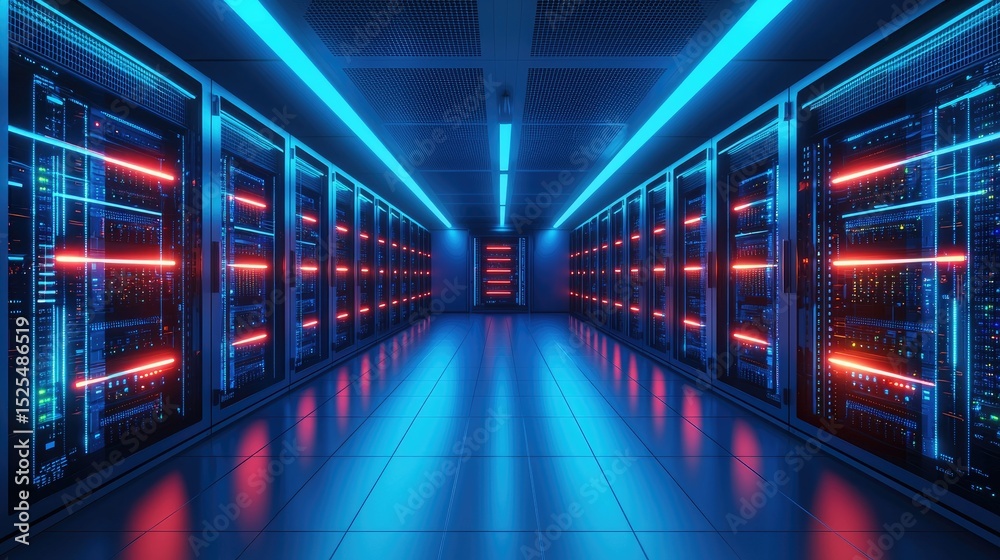 Poster futuristic server room with rows of illuminated racks glowing in blue and red lights, showcasing adv