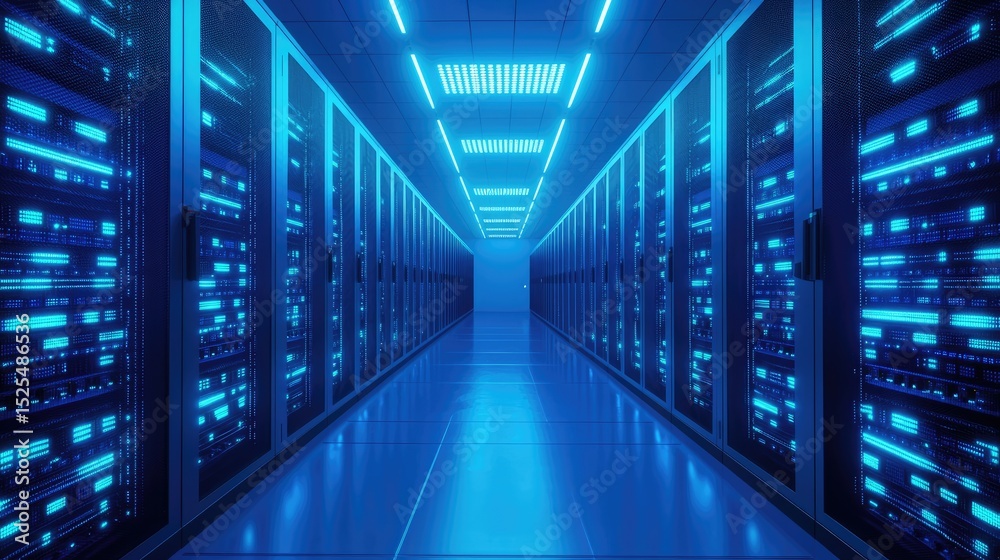 Fototapete Modern data center corridor filled with sleek server racks glowing in vibrant blue lighting, representing advanced cloud computing, digital infrastructure, and secure network systems