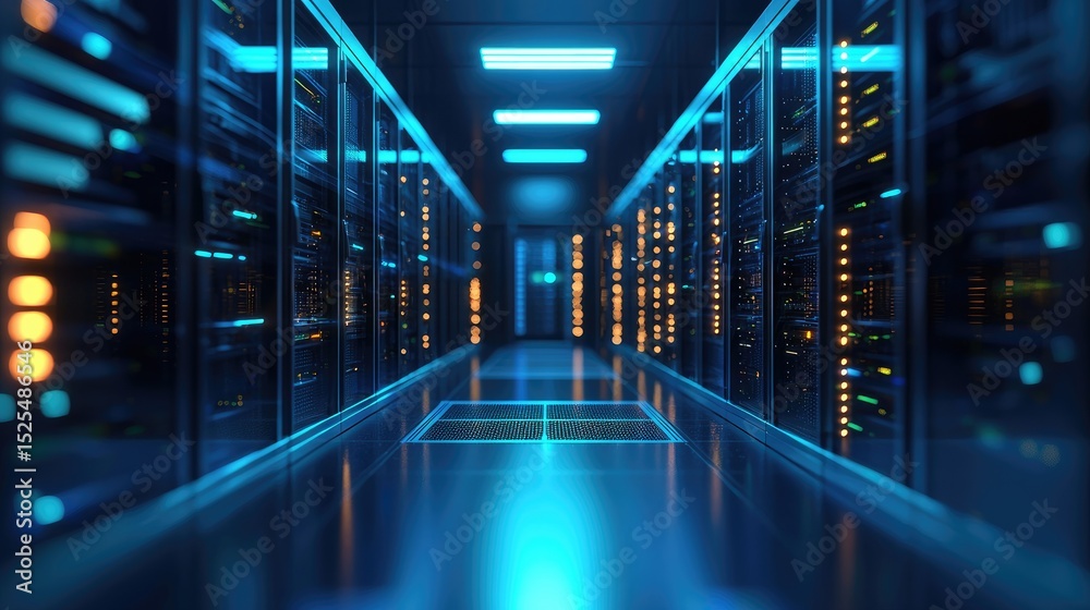 Aufkleber High-tech server room interior with reflective floor and illuminated server racks glowing in blue and orange lights, representing modern cloud infrastructure and secure data networks