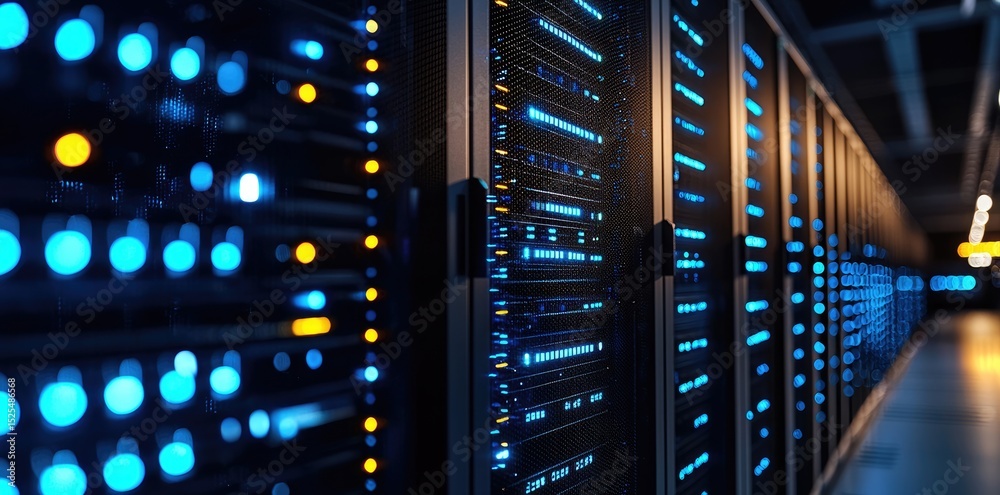 Aufkleber Close-up of modern server racks with blue and amber LED indicators in a dimly lit data center, highlighting secure network systems and cutting-edge digital infrastructure technology