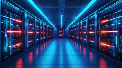 Fototapeta premium Futuristic server room with rows of illuminated racks glowing in blue and red lights, showcasing advanced data center technology and high-performance computing infrastructure