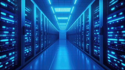 Obraz premium Modern data center corridor filled with sleek server racks glowing in vibrant blue lighting, representing advanced cloud computing, digital infrastructure, and secure network systems