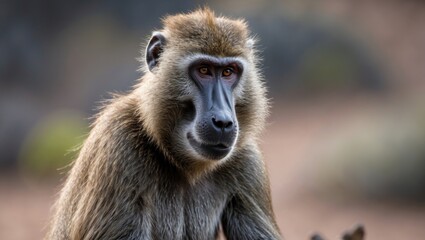 Obraz premium Close-up of a baboon's face with detailed features against a blurred natural background.