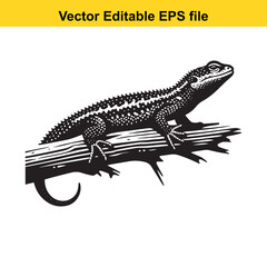 Black and white illustration of a lizard on a branch