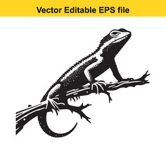 A black and white illustration of a lizard perched on a branch