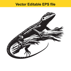 A black and white vector illustration of a lizard perched on a branch