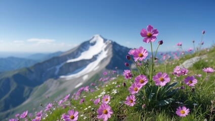 Obraz premium Bright pink flowers in the foreground with a snow-capped mountain behind, under a blue sky.