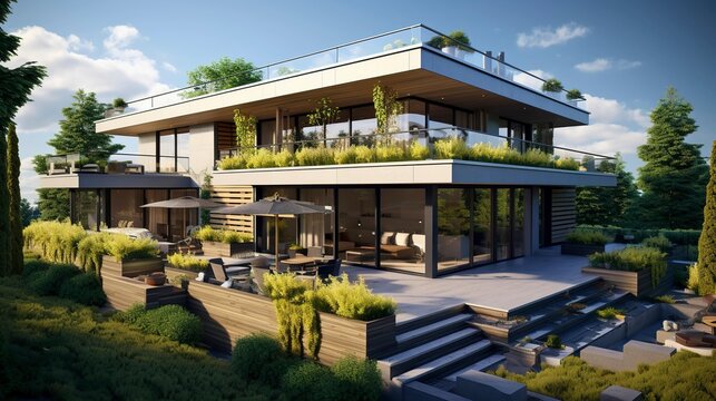 A photo of a modern house with a rooftop garden