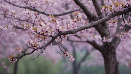 Cherry blossom tree branches with pink flowers in springtime. Nature and floral, seasonal scenery. Blooming and flowering trees.