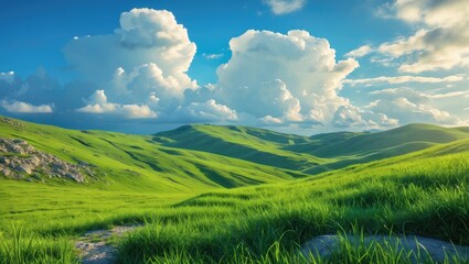 Obraz premium Vast green hills and lush fields under a bright blue sky with fluffy clouds. Nature landscape with rolling terrain and vibrant grass.