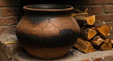 Rustic ceramic pot and firewood