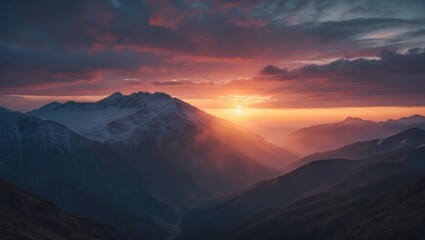 Sunset over rugged mountain landscape at dusk with vibrant sky and clouds. Nature and scenery, landscape, outdoor, tranquility.
