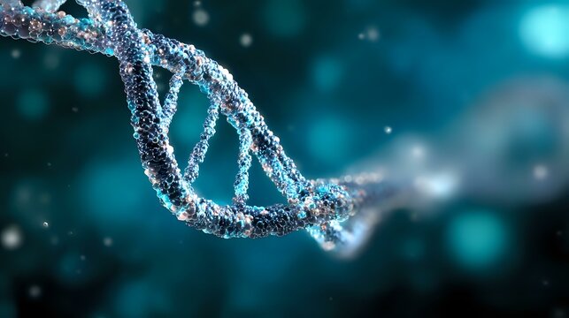 Glowing DNA strand helix structure on dark turquoise background with bokeh effect and particles, scientific molecular biology concept for genetics research.