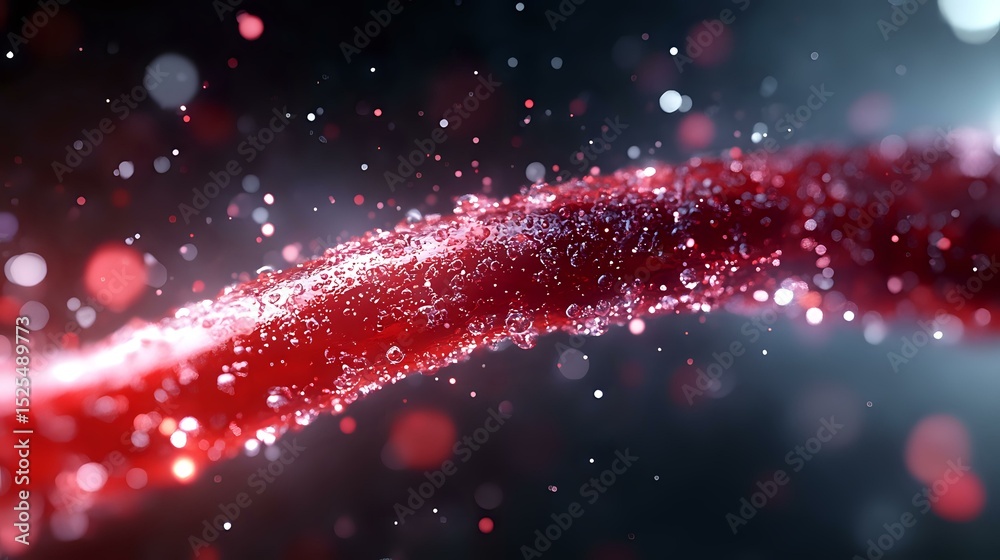 Poster glowing red wave of particles with bokeh effect on dark background creates dynamic motion trail, sui