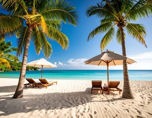 Tropical beach scene with umbrellas and chairs