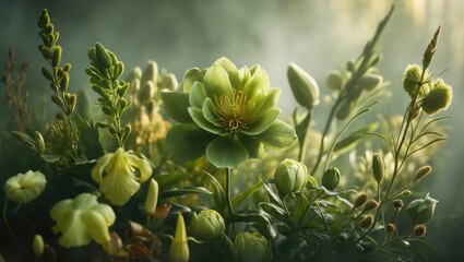A lush green flower surrounded by various plants and buds in soft natural light