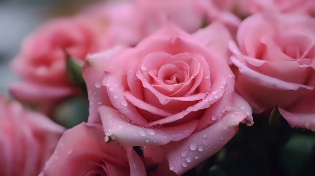 Fresh pink roses with morning dew drops on delicate petals create romantic atmosphere, close-up macro photography with soft bokeh background.