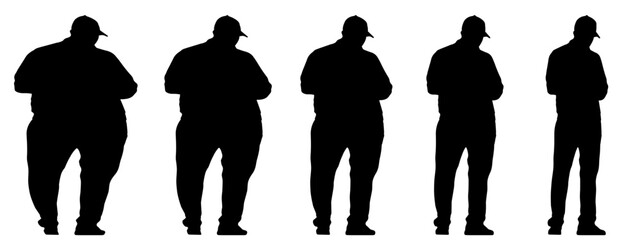 Conceptual fat overweight obese man vs slim fit healthy body after weight loss or diet, white background banner. A  fitness, nutrition or obesity, health care shape illustration vector as silhouettes