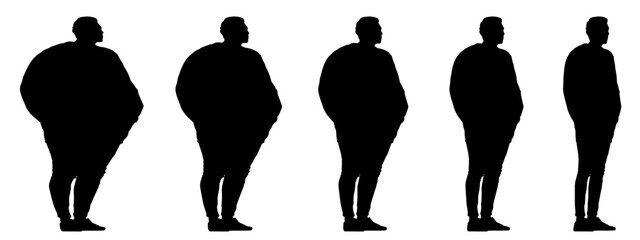 Conceptual fat overweight obese man vs slim fit healthy body after weight loss or diet, white background banner. A  fitness, nutrition or obesity, health care shape illustration vector as silhouettes