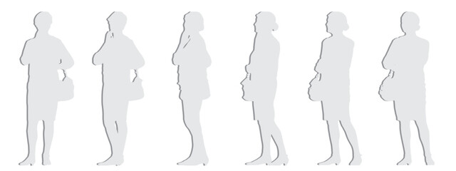 Vector concept or conceptual gray paper cut silhouette of a woman holding a handbag different perspectives isolated on white background. A metaphor for urban life, leisure and lifestyle
