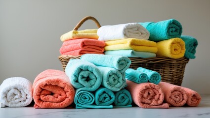 Colorful folded towels arranged in a basket and on the table, showcasing a variety of soft fabrics and colors.