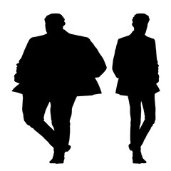 Conceptual fat overweight obese man vs slim fit healthy body after weight loss or diet, white background. A  fitness, nutrition or obesity, health care shape illustration vector as silhouettes