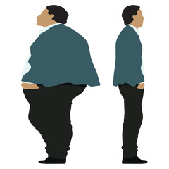 Conceptual fat overweight obese man vs slim fit healthy body after weight loss or diet, white background. A  fitness, nutrition or obesity, health care shape illustration vector as silhouettes