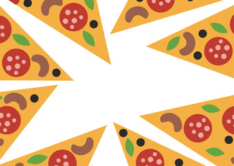 Pizza slices with pepperoni, mushroom and olive toppings scattered around a white background with copy space. Fast food flat lay concept.
