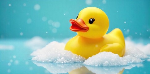 A cheerful yellow rubber ducky sits in a bubble bath, surrounded by foam Perfect for bath time, childhood, and playful imagery Adds a touch of whimsy to any project , bath, summer