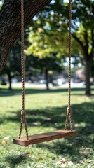 Simple, minimalistic wooden swing hanging from a tree above a blurred lush green grassy knoll. Serene, peaceful atmosphere with natural tones and soft focus. Caption space on the side for text.

