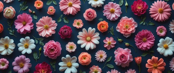 A variety of colorful flowers, including roses, daisies, and cosmos, arranged on a dark background.