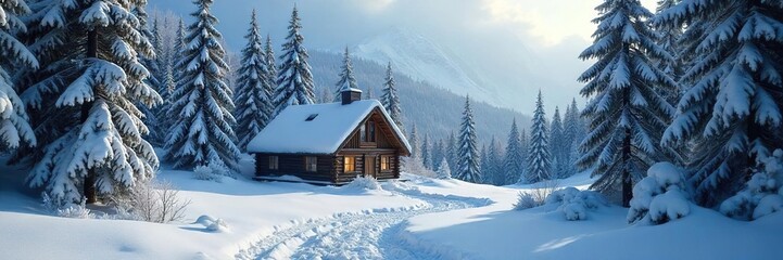 A solitary cabin nestled deep within a snow-covered forest, completely isolated from civilization; untouched wilderness, serene winter landscape , shelter, snowy, rural