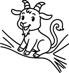Cute Cartoon Goat Sitting on Tree Branch – Vector Line Art Illustration