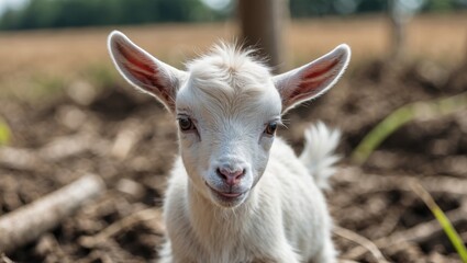 Obraz premium A young goat with white fur and pink nose standing outdoors on soil.