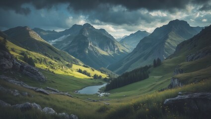 Scenic mountain landscape with lush green valleys, river, and dramatic sky, showcasing natural beauty and rugged terrain.