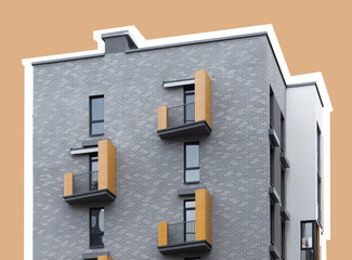 Modern apartment building with wooden balconies and geometric facade. Contemporary urban