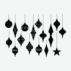 A festive set of black minimalist Christmas ornaments in geometric shapes on a white background. Modern, flat design with a timeless, elegant feel and balanced composition.