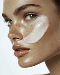 Young woman applying skincare product to her face while showcasing a natural beauty look indoors at a bright location