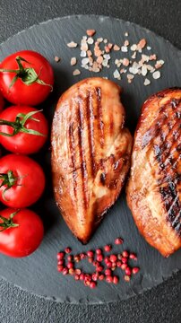 Chicken breast, grilled fillet, meat meal on a plate. Useful grilled poultry for lunch