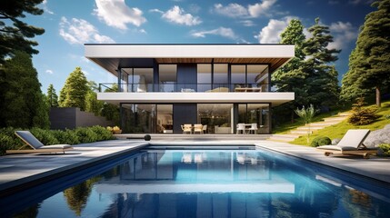 Fototapeta premium A photo of a modern house with a swimming pool