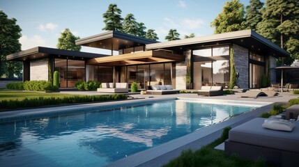 Fototapeta premium A photo of a modern house with a swimming pool